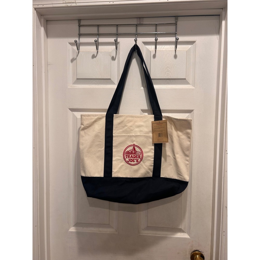 Trader Joe's Reusable Canvas Tote Bag Cream Navy Blue Embroidered Logo NWT